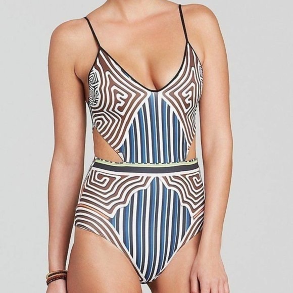 Clover Canyon Multicolor One-Piece Striped Labyrinth Cut Out Neoprene Swimsuit L - Picture 1 of 11
